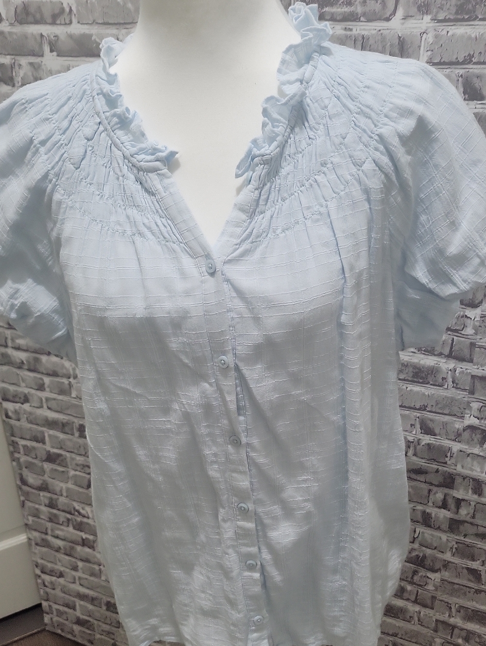 J. Crew Pale Blue Ruffle Yoke Button-Front Seersucker Shirt, Womens XL Top